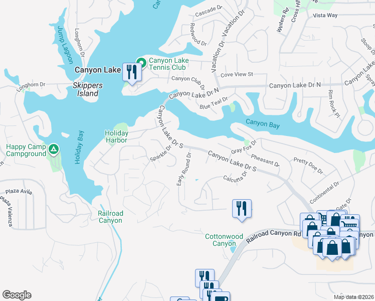 map of restaurants, bars, coffee shops, grocery stores, and more near 30765 Early Round Drive in Canyon Lake