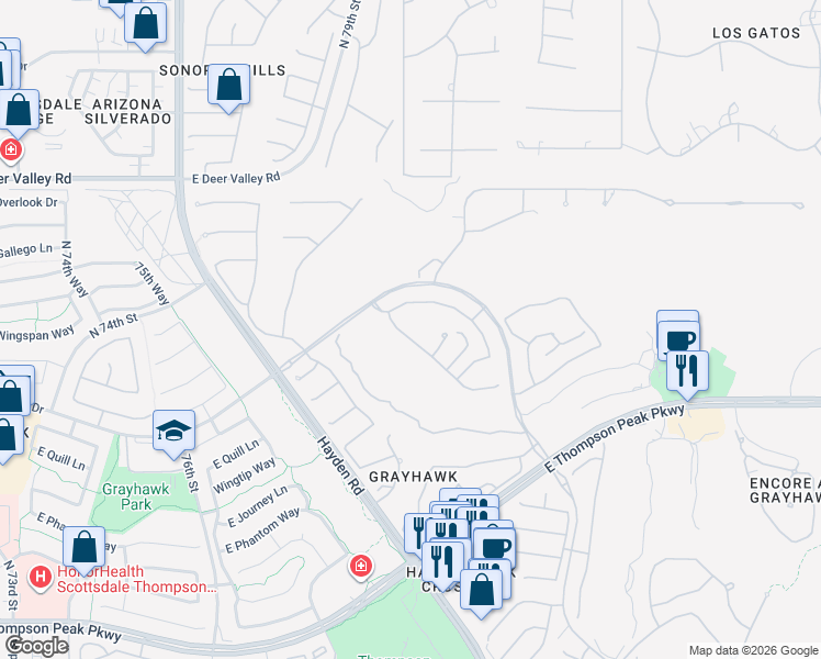 map of restaurants, bars, coffee shops, grocery stores, and more near 7994 East Wingspan Way in Scottsdale