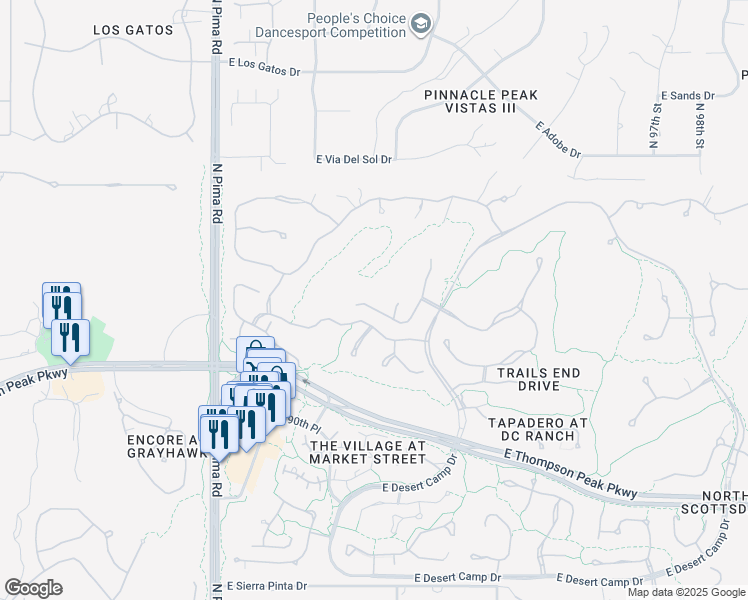 map of restaurants, bars, coffee shops, grocery stores, and more near 9290 East Thompson Peak Parkway in Scottsdale