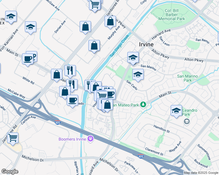 map of restaurants, bars, coffee shops, grocery stores, and more near 101 Veneto in Irvine