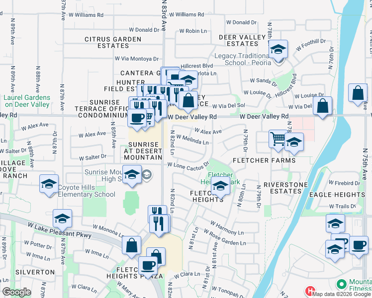 map of restaurants, bars, coffee shops, grocery stores, and more near 8218 West Salter Drive in Peoria