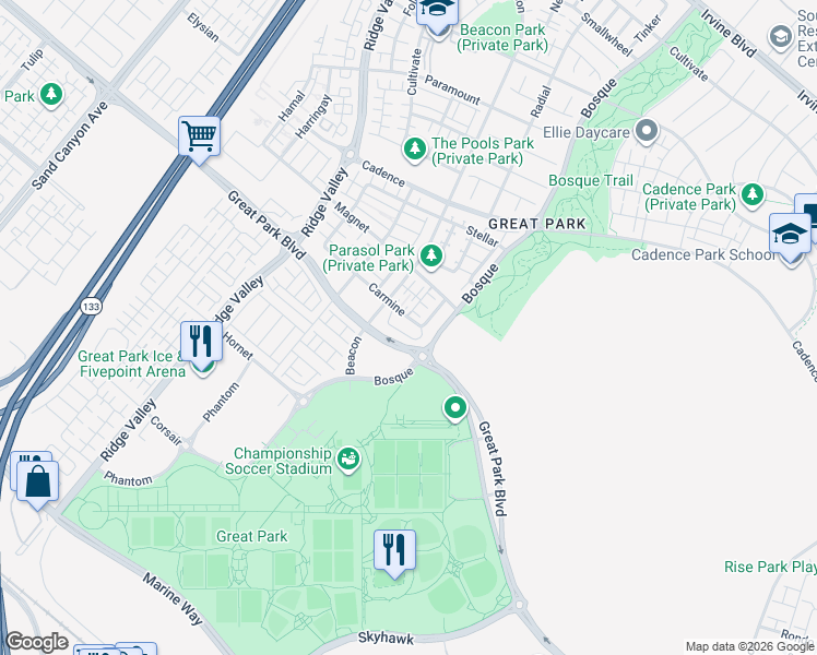 map of restaurants, bars, coffee shops, grocery stores, and more near 186 Carmine in Irvine