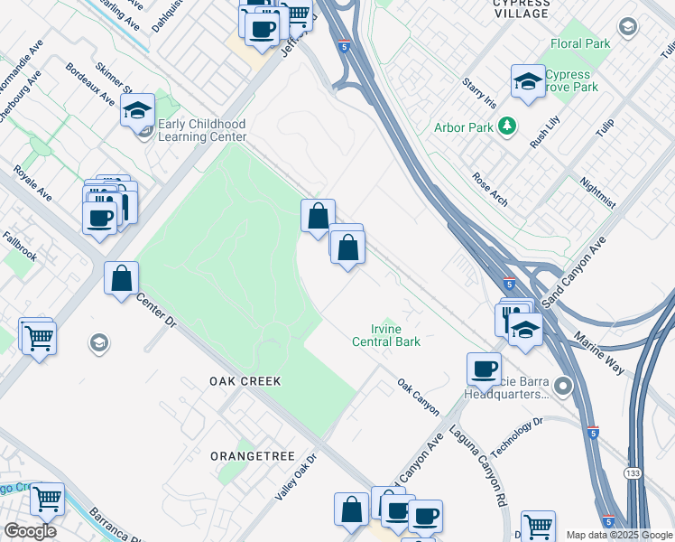 map of restaurants, bars, coffee shops, grocery stores, and more near 61 Post in Irvine