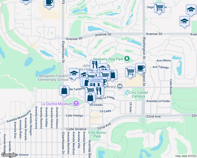 map of restaurants, bars, coffee shops, grocery stores, and more near in La Quinta