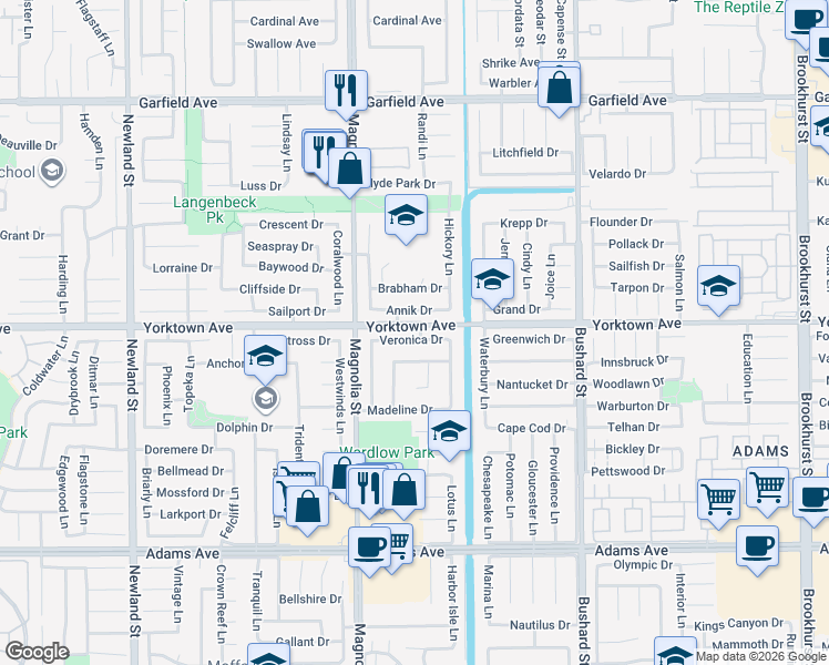 map of restaurants, bars, coffee shops, grocery stores, and more near 9131 Veronica Drive in Huntington Beach