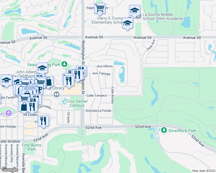 map of restaurants, bars, coffee shops, grocery stores, and more near 78710 Avenue Naranja in La Quinta