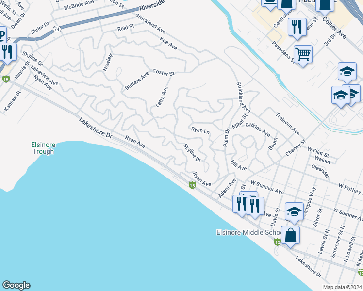 map of restaurants, bars, coffee shops, grocery stores, and more near Skyline Drive in Lake Elsinore