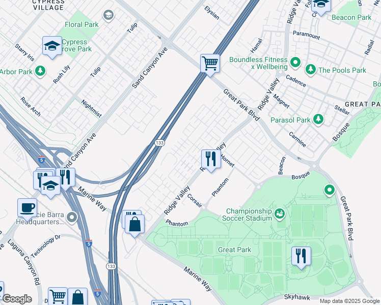 map of restaurants, bars, coffee shops, grocery stores, and more near 338 Floral View in Irvine