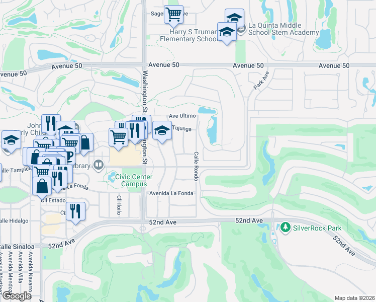 map of restaurants, bars, coffee shops, grocery stores, and more near 50825 Calle Rondo in La Quinta