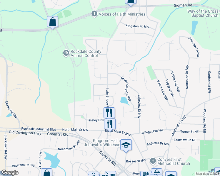 map of restaurants, bars, coffee shops, grocery stores, and more near 1103 Laurel Lane Northwest in Conyers
