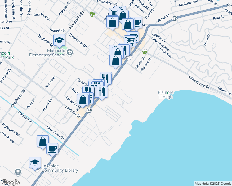 map of restaurants, bars, coffee shops, grocery stores, and more near 16692 Joy Street in Lake Elsinore