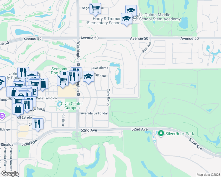 map of restaurants, bars, coffee shops, grocery stores, and more near 78807 Breckenridge Drive in La Quinta