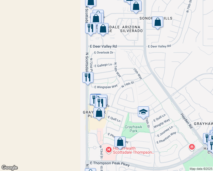 map of restaurants, bars, coffee shops, grocery stores, and more near 7322 East Wingspan Way in Scottsdale