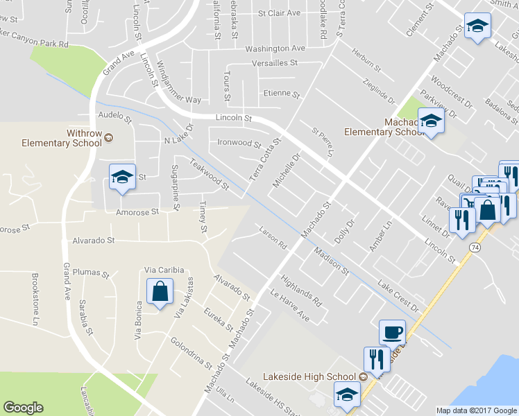 map of restaurants, bars, coffee shops, grocery stores, and more near 15030 Larson Road in Lake Elsinore