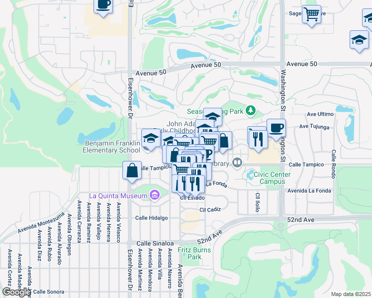 map of restaurants, bars, coffee shops, grocery stores, and more near 50700 Santa Rosa Plaza in La Quinta