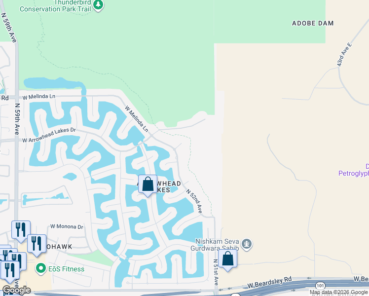 map of restaurants, bars, coffee shops, grocery stores, and more near 5183 West Abraham Lane in Glendale