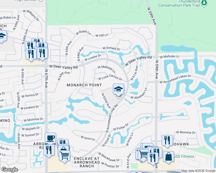 map of restaurants, bars, coffee shops, grocery stores, and more near 6174 West Quail Avenue in Glendale