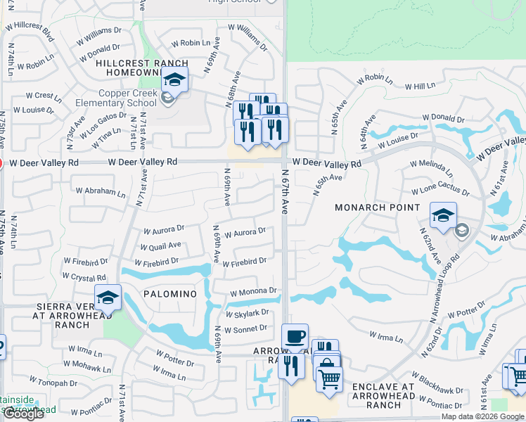 map of restaurants, bars, coffee shops, grocery stores, and more near 6775 West Abraham Lane in Glendale