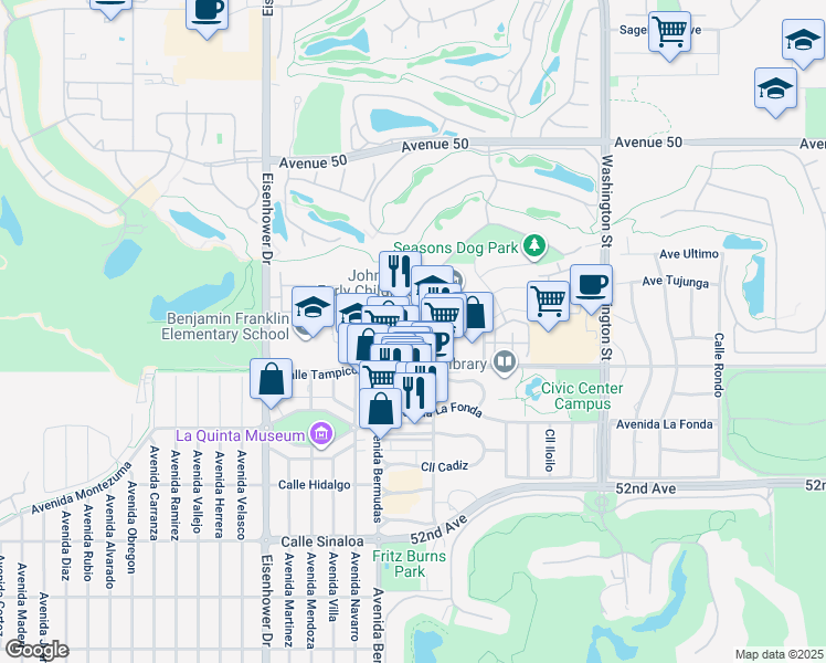 map of restaurants, bars, coffee shops, grocery stores, and more near 50730 Santa Rosa Plaza in La Quinta