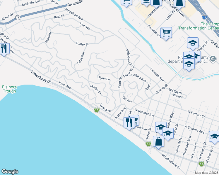 map of restaurants, bars, coffee shops, grocery stores, and more near Ryan Lane in Lake Elsinore