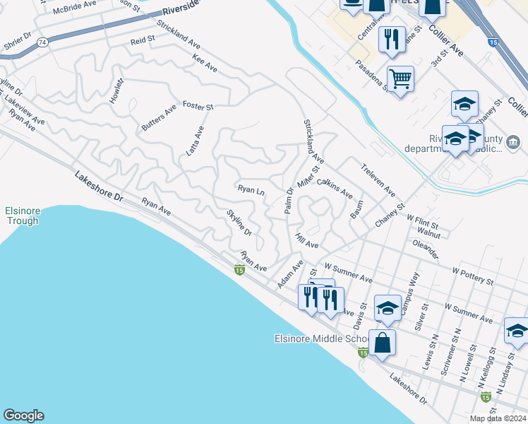 map of restaurants, bars, coffee shops, grocery stores, and more near Ryan Avenue in Lake Elsinore