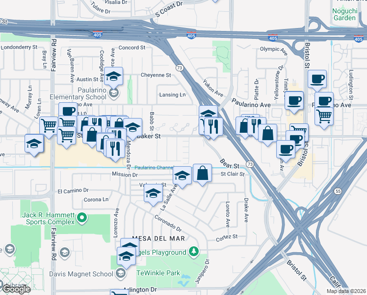 map of restaurants, bars, coffee shops, grocery stores, and more near 2985 Milbro Street in Costa Mesa