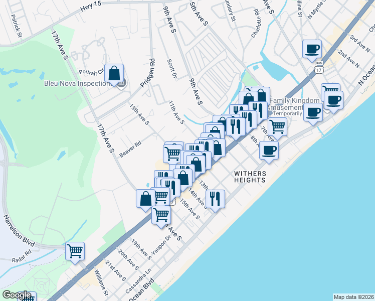 map of restaurants, bars, coffee shops, grocery stores, and more near 610 13th Avenue South in Myrtle Beach