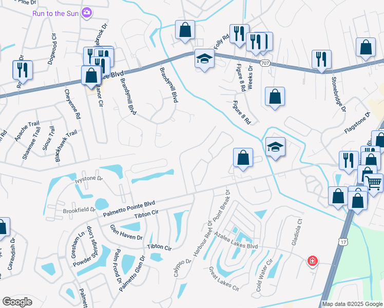 map of restaurants, bars, coffee shops, grocery stores, and more near 144 Olde Towne Way in Myrtle Beach