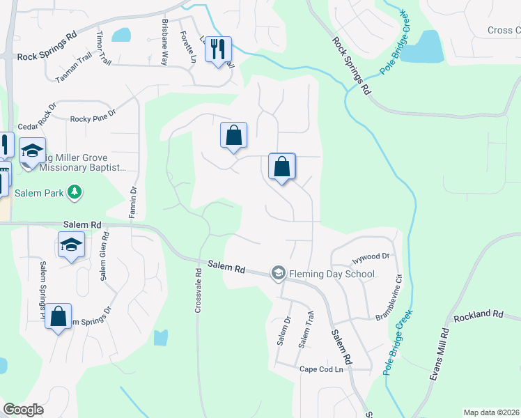 map of restaurants, bars, coffee shops, grocery stores, and more near 5609 Fox Den Trail in Stonecrest