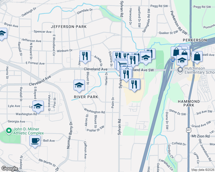 map of restaurants, bars, coffee shops, grocery stores, and more near 2767 Palm Drive in East Point