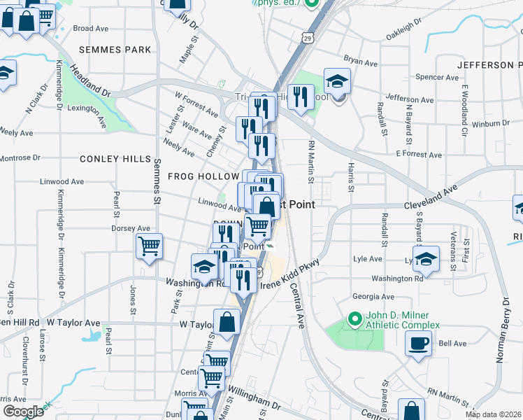 map of restaurants, bars, coffee shops, grocery stores, and more near 1596 Cleveland Avenue in East Point