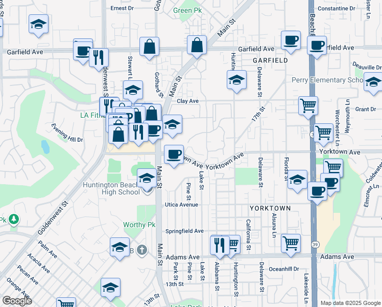 map of restaurants, bars, coffee shops, grocery stores, and more near 7401 Yorktown Avenue in Huntington Beach