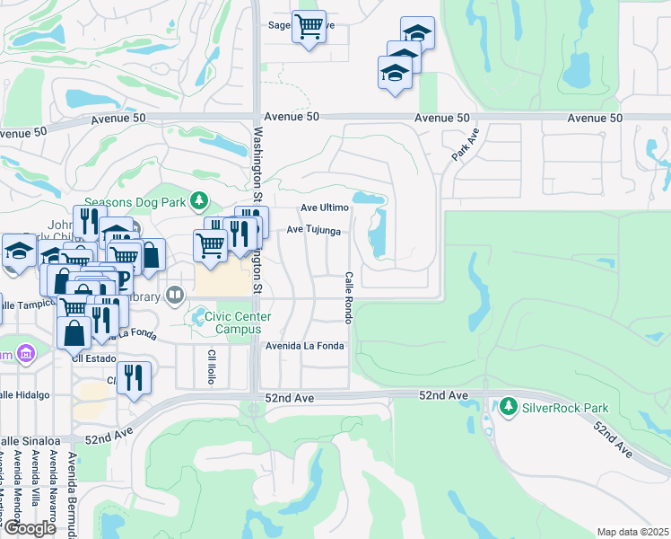 map of restaurants, bars, coffee shops, grocery stores, and more near 78710 Avenue Naranja in La Quinta