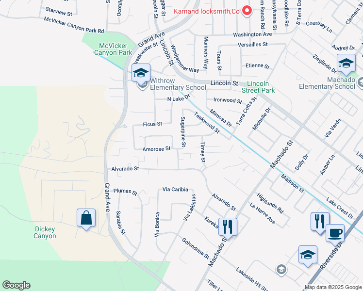 map of restaurants, bars, coffee shops, grocery stores, and more near 30097 Sugarpine Street in Lake Elsinore