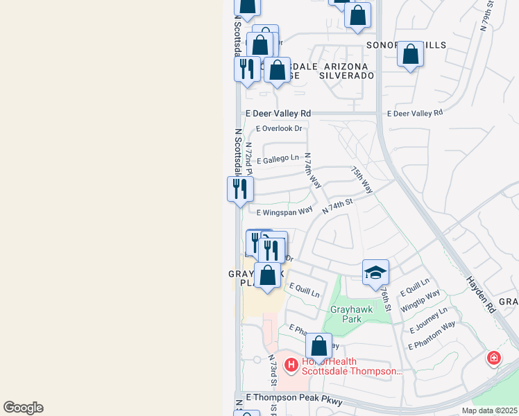 map of restaurants, bars, coffee shops, grocery stores, and more near 7224 E Wingspan Way in Scottsdale