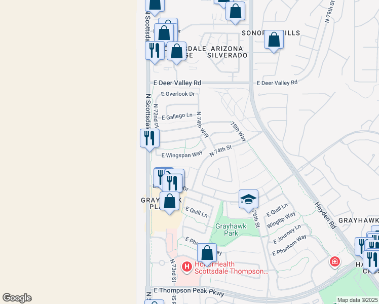 map of restaurants, bars, coffee shops, grocery stores, and more near 7322 East Wingspan Way in Scottsdale