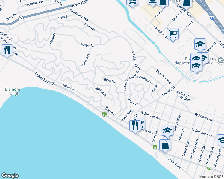 map of restaurants, bars, coffee shops, grocery stores, and more near Sunnyslope Avenue in Lake Elsinore