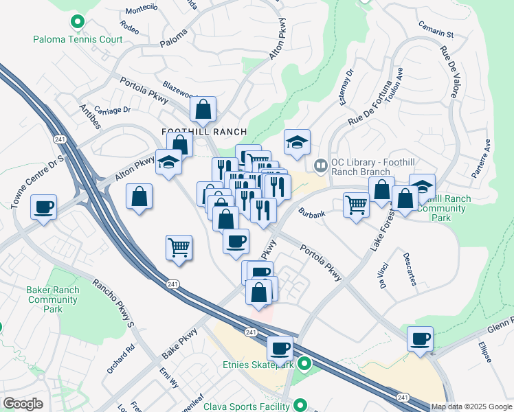 map of restaurants, bars, coffee shops, grocery stores, and more near 26801 Portola Parkway in Lake Forest