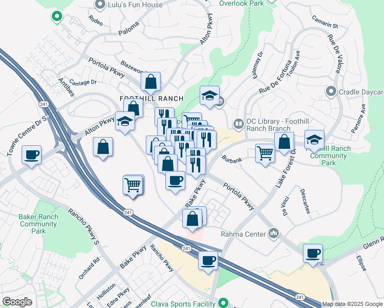 map of restaurants, bars, coffee shops, grocery stores, and more near 26801 Portola Parkway in Lake Forest