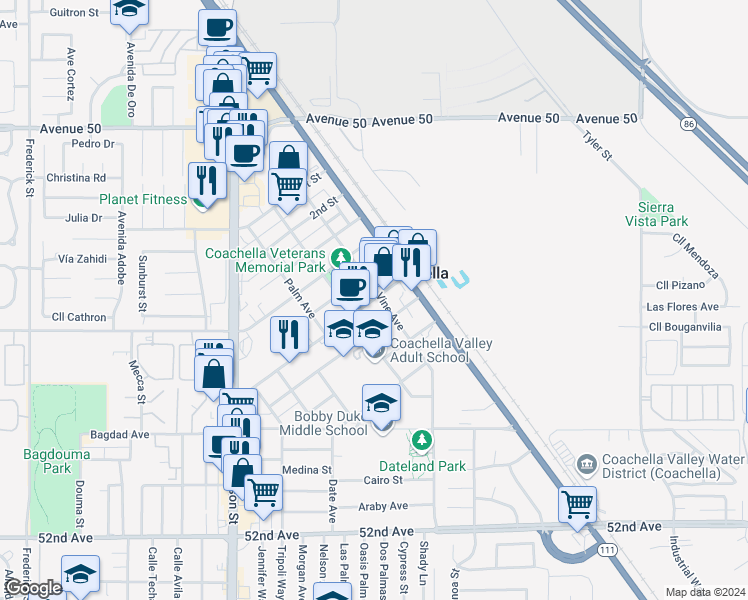 map of restaurants, bars, coffee shops, grocery stores, and more near 1586 6th Street in Coachella