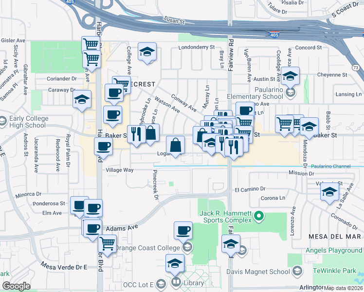 map of restaurants, bars, coffee shops, grocery stores, and more near 1304 Logan Avenue in Costa Mesa