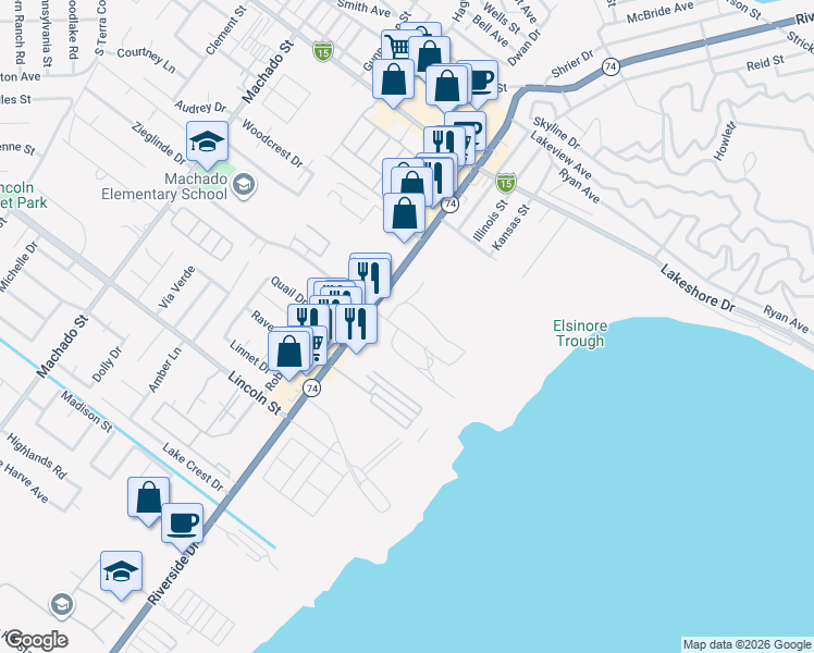 map of restaurants, bars, coffee shops, grocery stores, and more near 16692 Joy Street in Lake Elsinore
