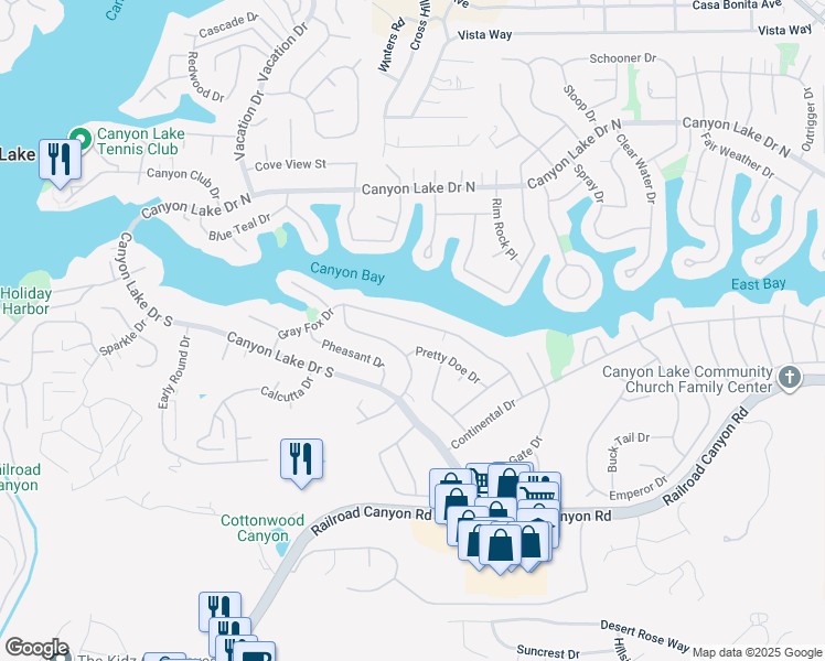 map of restaurants, bars, coffee shops, grocery stores, and more near 22993 Gray Fox Drive in Canyon Lake