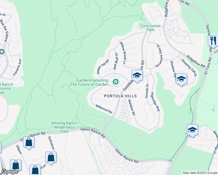 map of restaurants, bars, coffee shops, grocery stores, and more near 28352 Klondike Drive in Trabuco Canyon