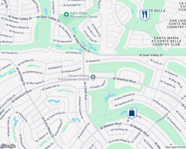 map of restaurants, bars, coffee shops, grocery stores, and more near 13454 West Stardust Boulevard in Sun City West