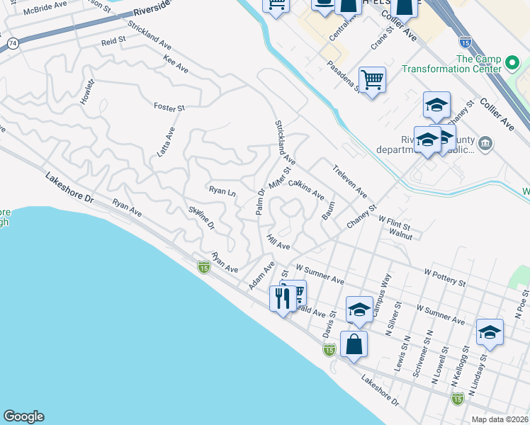 map of restaurants, bars, coffee shops, grocery stores, and more near Palm Drive in Lake Elsinore