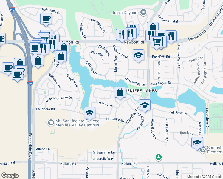 map of restaurants, bars, coffee shops, grocery stores, and more near 28664 Bridge Water Lane in Menifee