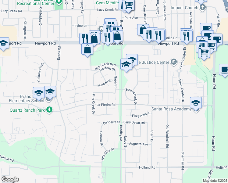 map of restaurants, bars, coffee shops, grocery stores, and more near 26970 Mountain Glen Drive in Menifee