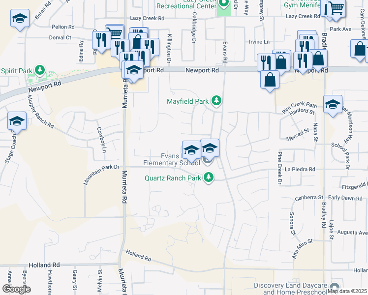 map of restaurants, bars, coffee shops, grocery stores, and more near 30434 White Fir Drive in Menifee