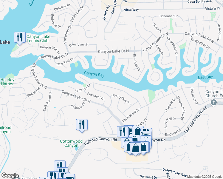 map of restaurants, bars, coffee shops, grocery stores, and more near 22993 Gray Fox Drive in Canyon Lake